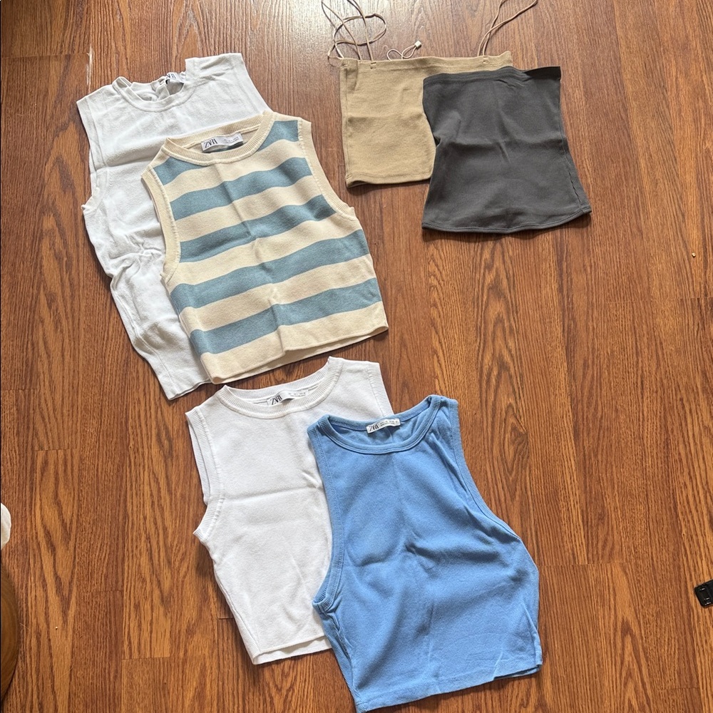 Lot of 6 Zara and H&M cropped tanks tube top Ribbed Tank Top - Blue white